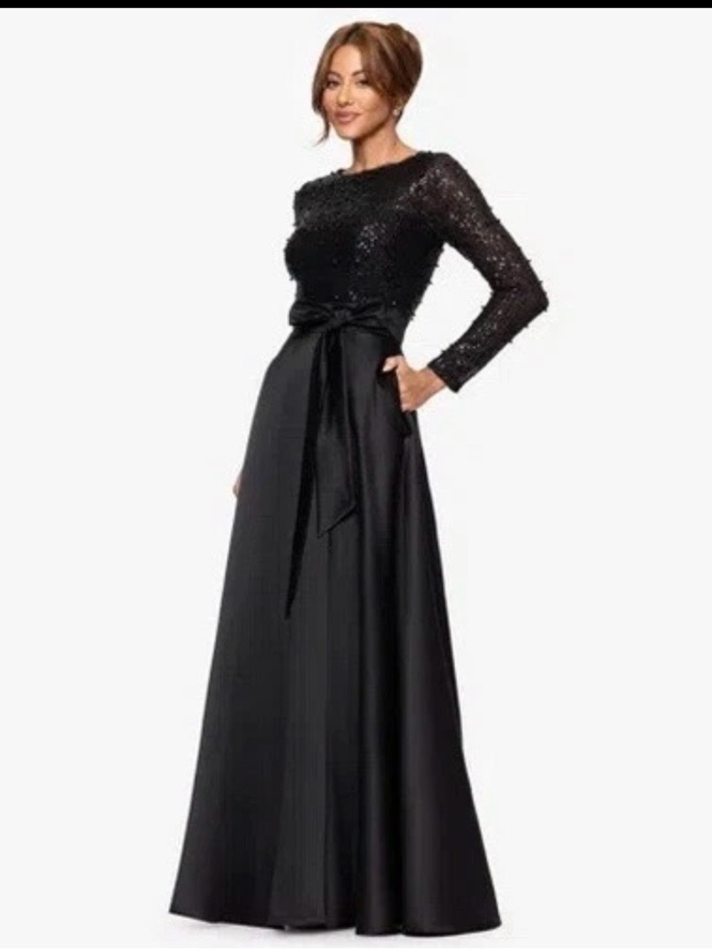 Xscape Black Sequin Bodice Satin A-Line Formal Dress - Picture 2 of 5